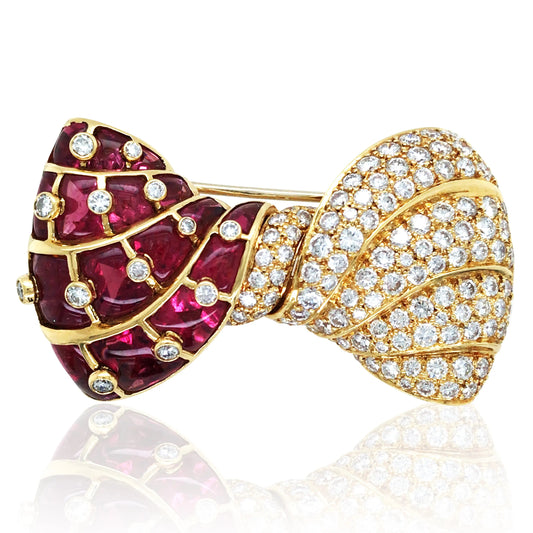 Bvlgari, 18K Gold Ruby Diamond Bow Brooch Bvlgari