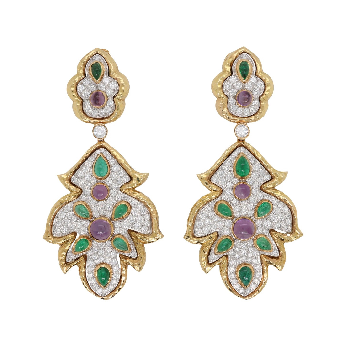 David Webb, Platinum 18K Gold Amethyst Emerald Diamond Earrings, Certificate
