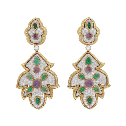 David Webb, Platinum 18K Gold Amethyst Emerald Diamond Earrings, Certificate