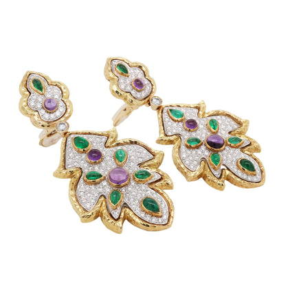 David Webb, Platinum 18K Gold Amethyst Emerald Diamond Earrings, Certificate