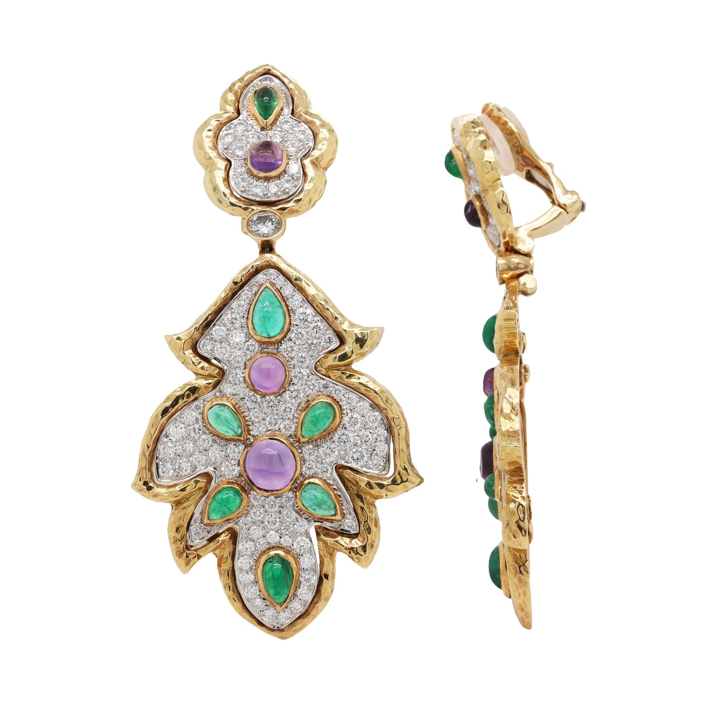 David Webb, Platinum 18K Gold Amethyst Emerald Diamond Earrings, Certificate
