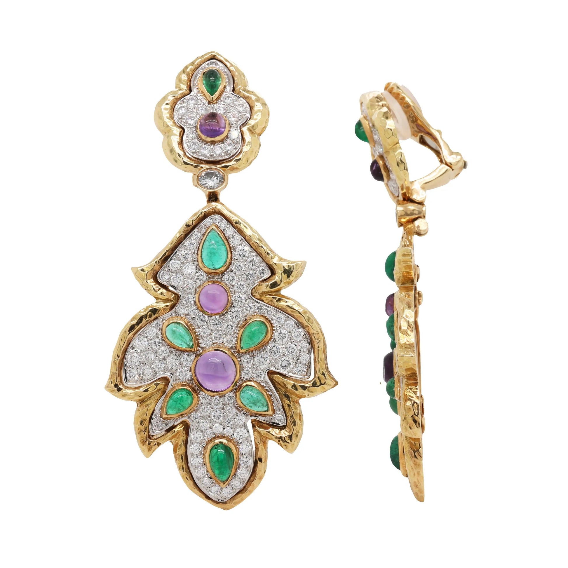 David Webb, Platinum 18K Gold Amethyst Emerald Diamond Earrings, Certificate