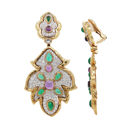 David Webb, Platinum 18K Gold Amethyst Emerald Diamond Earrings, Certificate
