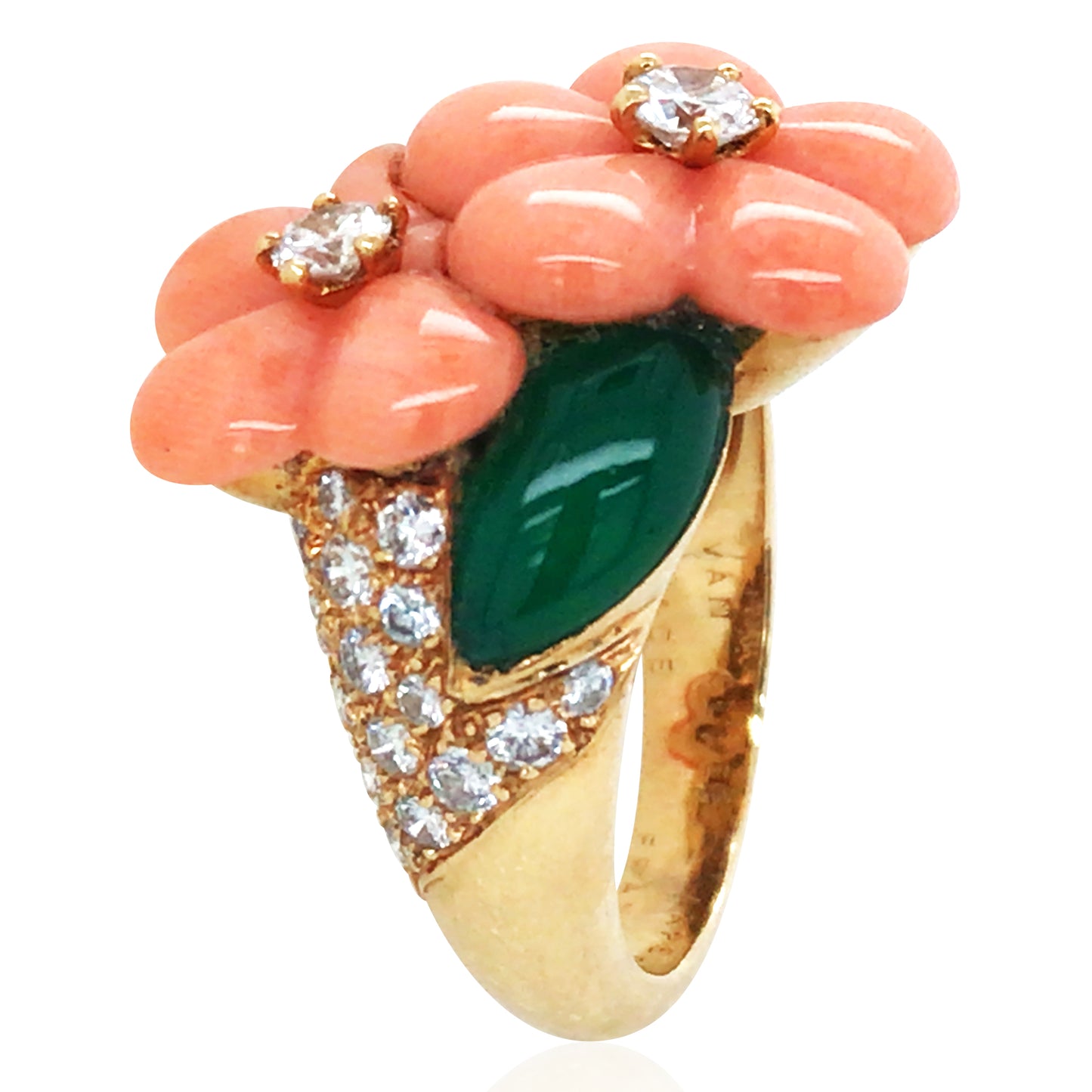 Van Cleef & Arpels, 18K Gold Coral Emerald Diamond Necklace, Earrings and Ring