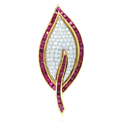 18K Gold Ruby Diamond Leaf Brooch