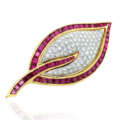 18K Gold Ruby Diamond Leaf Brooch