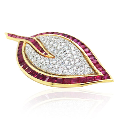18K Gold Ruby Diamond Leaf Brooch