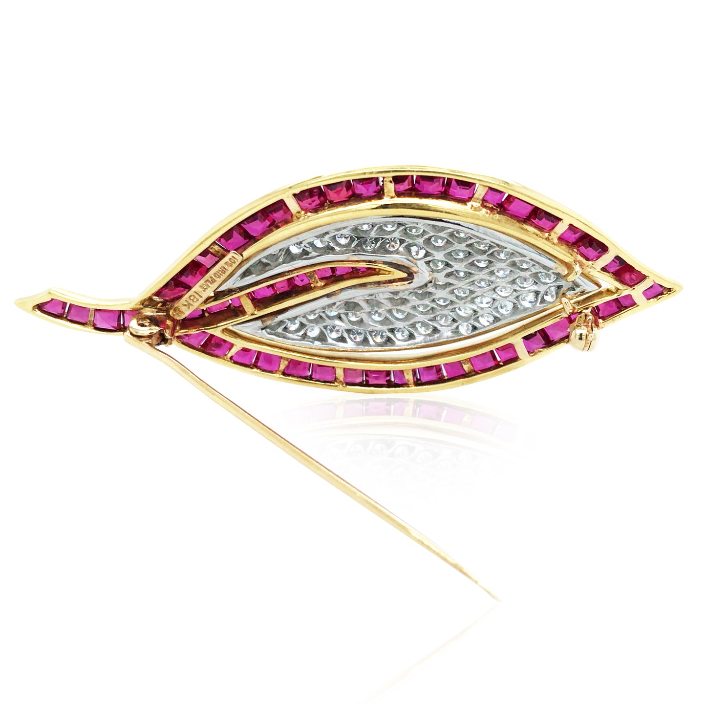 18K Gold Ruby Diamond Leaf Brooch