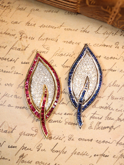 18K Gold Ruby Diamond Leaf Brooch