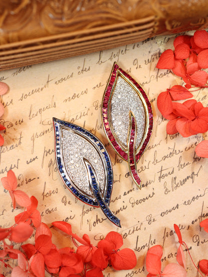 18K Gold Ruby Diamond Leaf Brooch