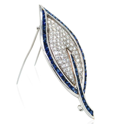 18K Gold Sapphire Diamond Leaf Brooch