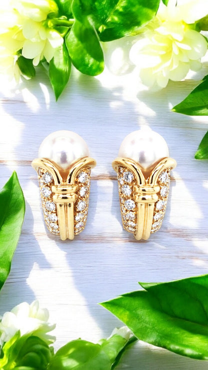 Bvlgari, 18K Gold Pearl Diamond Earrings