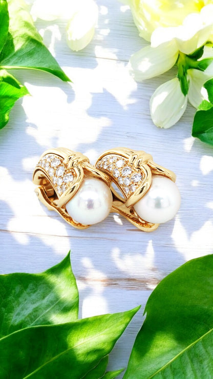 Bvlgari, 18K Gold Pearl Diamond Earrings