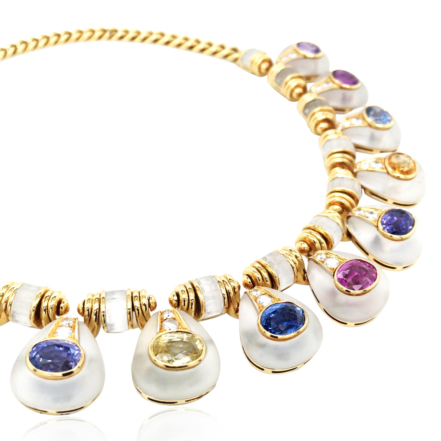 Bvlgari, 18K Gold Ceylon no-heat Color Sapphire Rock-crystal Diamond Necklace and Earrings, AGL