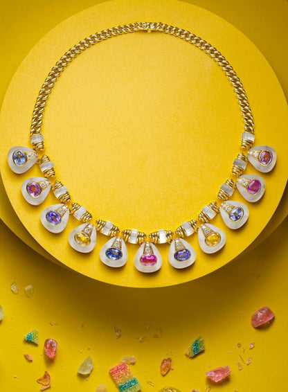 Bvlgari, 18K Gold Ceylon no-heat Color Sapphire Rock-crystal Diamond Necklace and Earrings, AGL