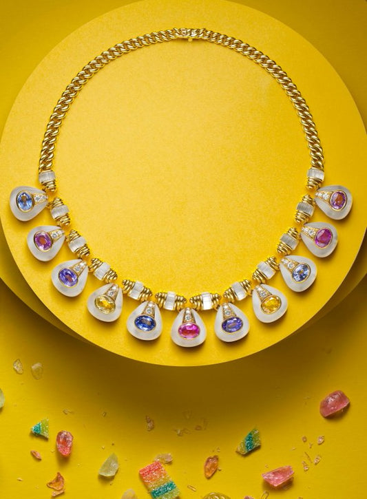 Bvlgari, 18K Gold Ceylon no-heat Color Sapphire Rock-crystal Diamond Necklace and Earrings, AGL