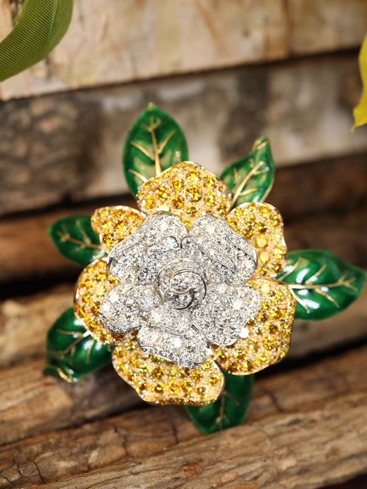 Oscar Heyman, Platinum 18K Gold Fancy Color Diamond Diamond Gardenia Brooch, Certificate