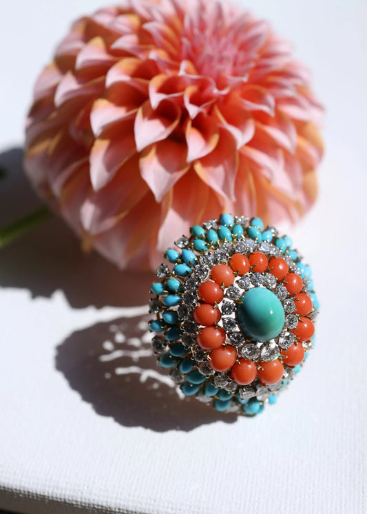 Bvlgari, 18K Gold Coral Turquoise Diamond Brooch Bvlgari