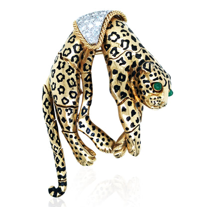 David Webb, 18K Gold Enamel Emerald Diamond Leopard Brooch