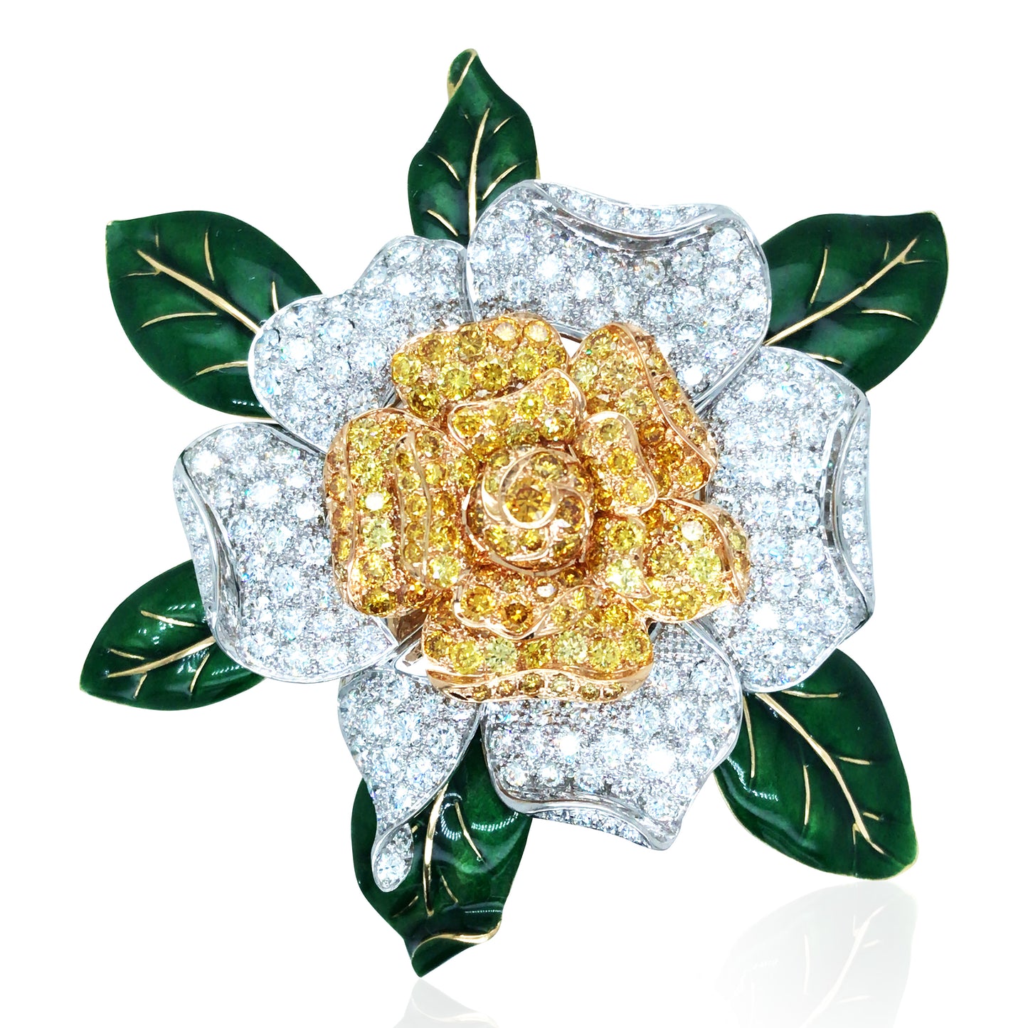 Oscar Heyman, Platinum 18K Gold Diamond Gardenia Brooch, Certificate