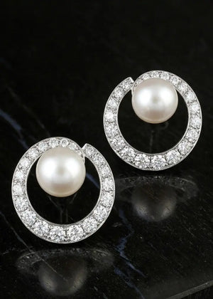 Platinum Natural Pearl Diamond Earrings, GIA