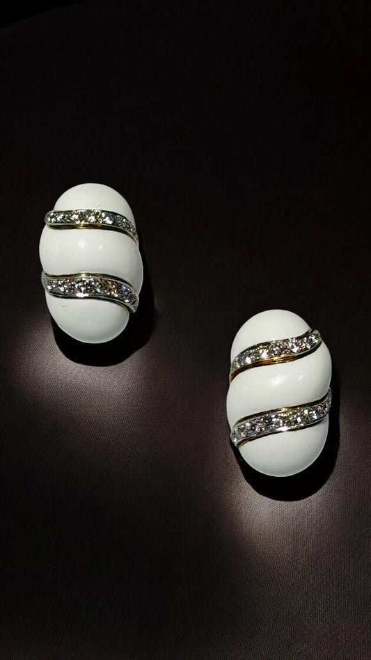 David Webb, Platinum 18K Gold Enamel Diamond Earrings, Certificate David Webb