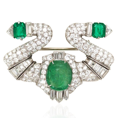 Carved Emerald Diamond Brooch Lueur Jewelry