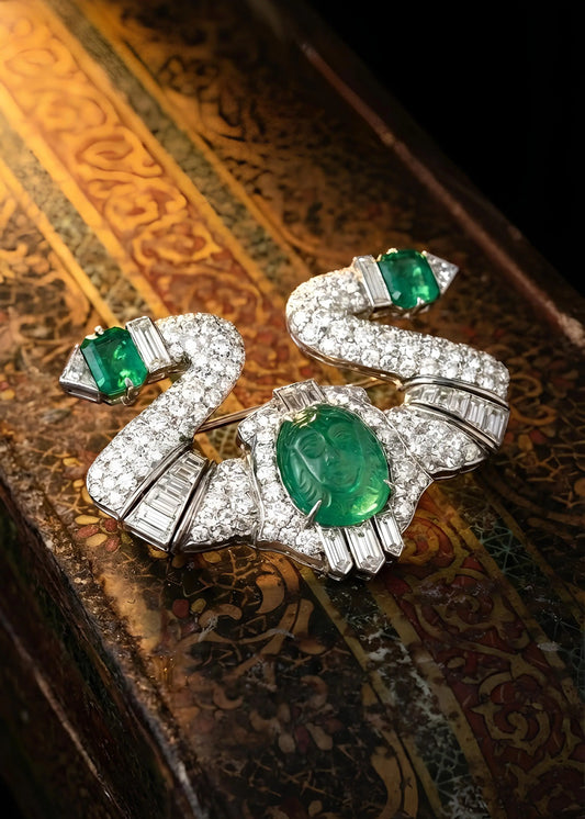 Carved Emerald Diamond Brooch Lueur Jewelry