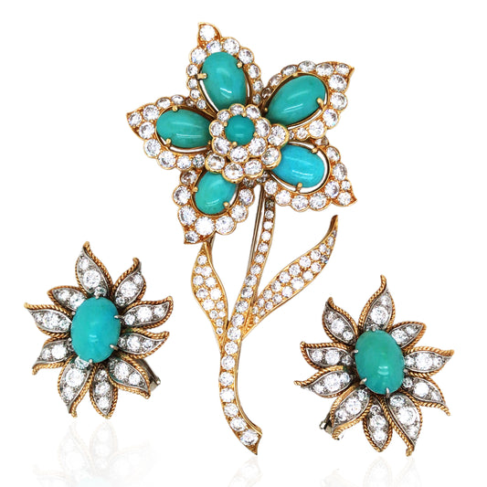 Van Cleef & Arpels, 18K Gold Turquoise Diamond Brooch and Earrings