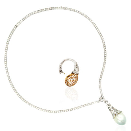 David Webb, 18K Gold Pearl Diamond Necklace and Ring