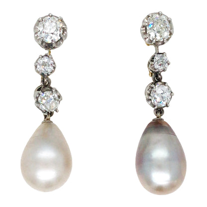 Platinum Natural Pearl Diamond Earrings, GIA