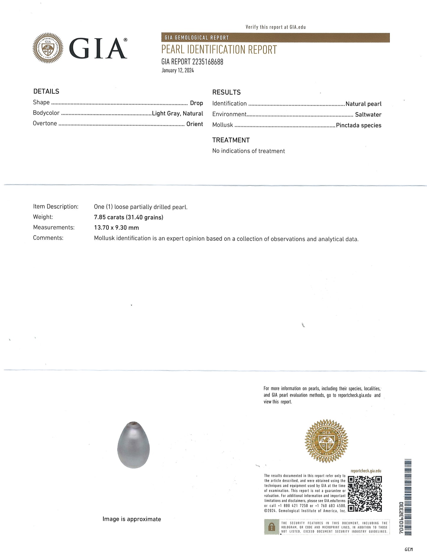 Platinum Natural Pearl Diamond Earrings, GIA