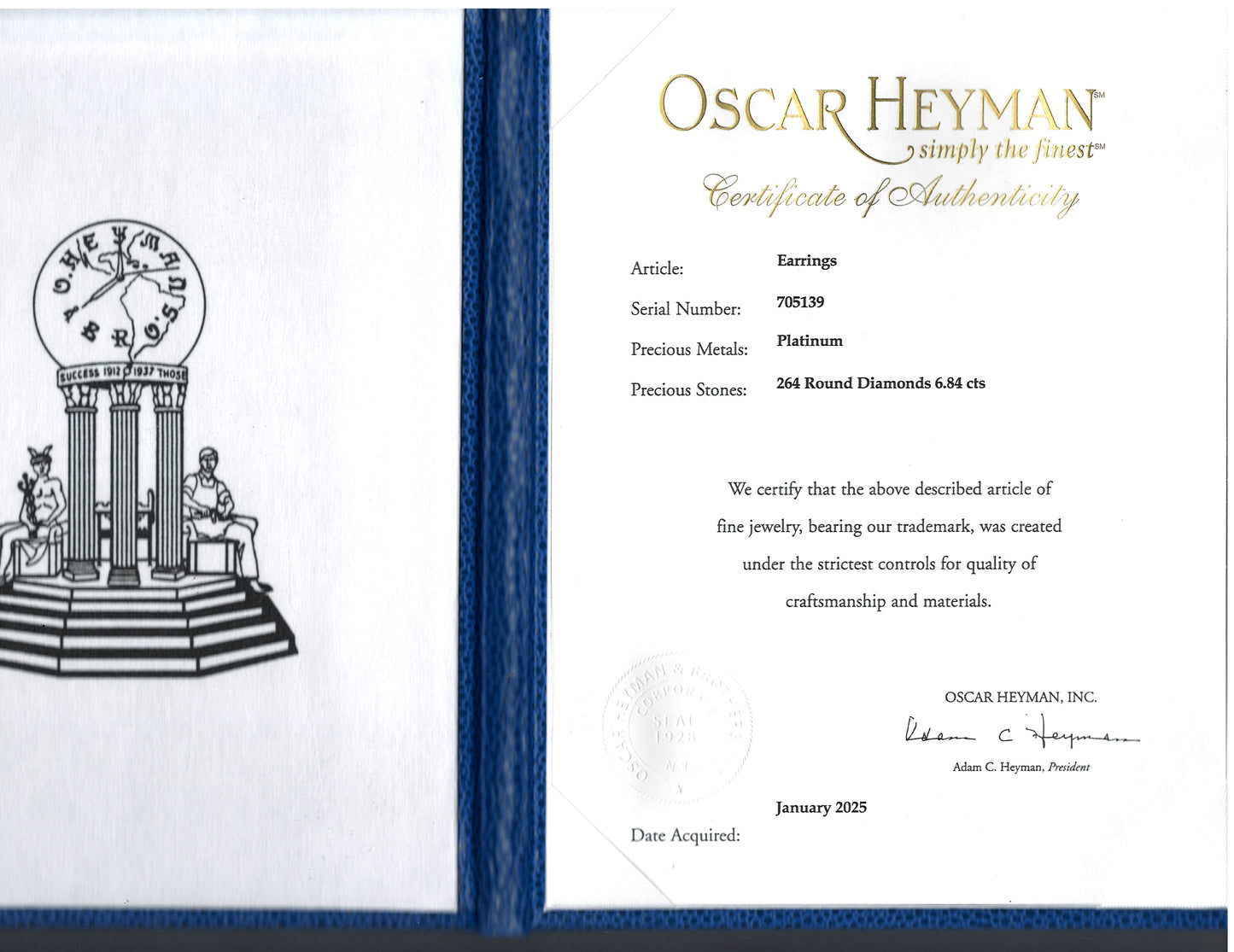 Oscar Heyman, Platinum Diamond Earrings, Certificate