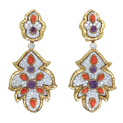 David Webb, Platinum 18K Gold Coral Diamond Earrings
