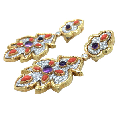 David Webb, Platinum 18K Gold Coral Diamond Earrings