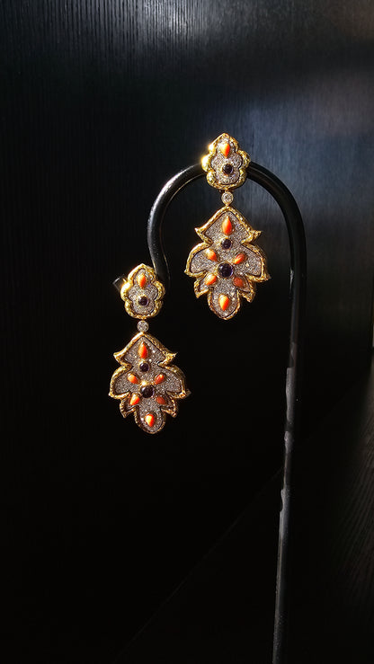 David Webb, Platinum 18K Gold Coral Diamond Earrings