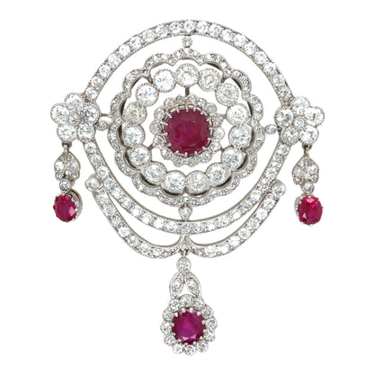 Edwardian Platinum Ruby Diamond Brooch, SSEF