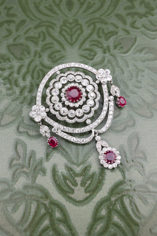 Edwardian Platinum Ruby Diamond Brooch, SSEF