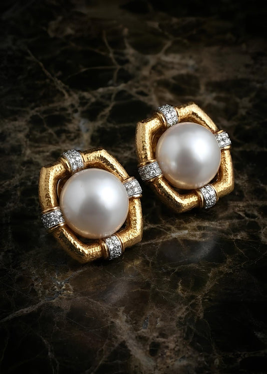 David Webb, Platinum 18K Gold Pearl Earrings