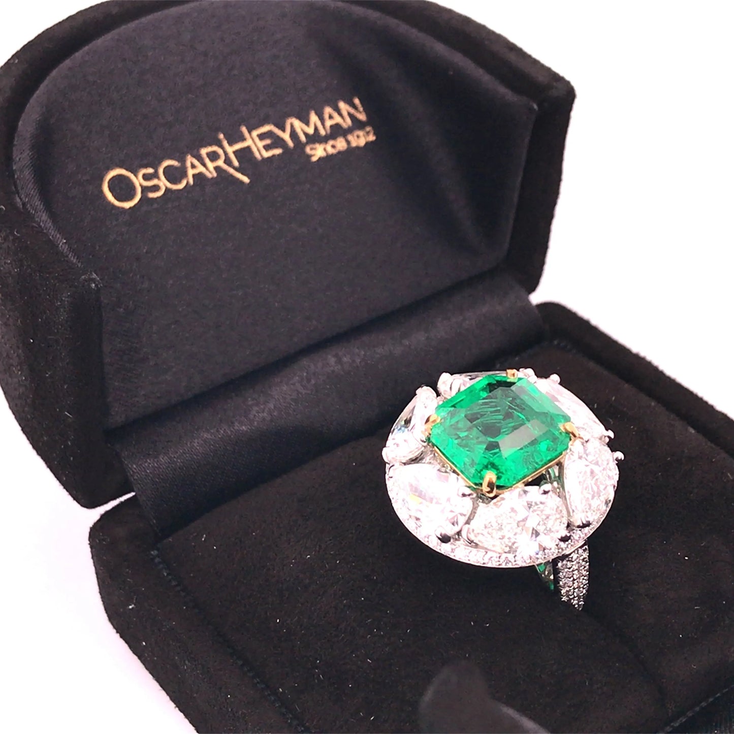 Oscar Heyman, Platinum 18K Gold 4.61ct Colombia no-oil Emerald Diamond Ring, Gubelin, AGL, GIA Oscar Heyman