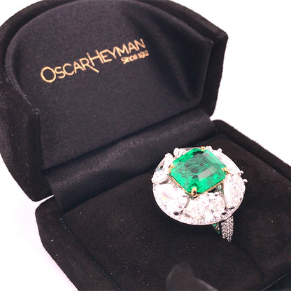 Oscar Heyman, Platinum 18K Gold 4.61ct Colombia no-oil Emerald Diamond Ring, Gubelin, AGL, GIA Oscar Heyman