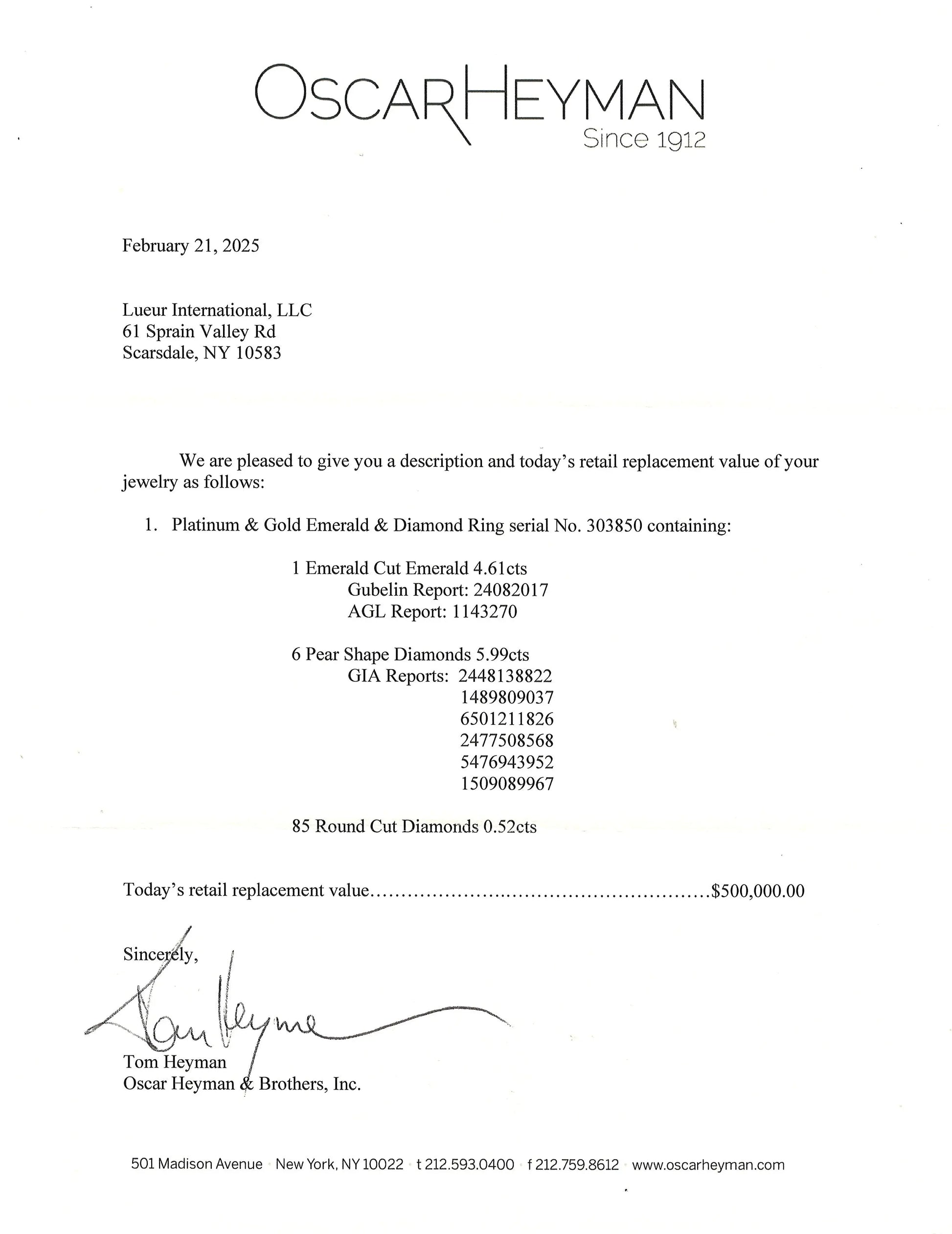 Oscar Heyman, Platinum 18K Gold 4.61ct Colombia no-oil Emerald Diamond Ring, Gubelin, AGL, GIA Oscar Heyman