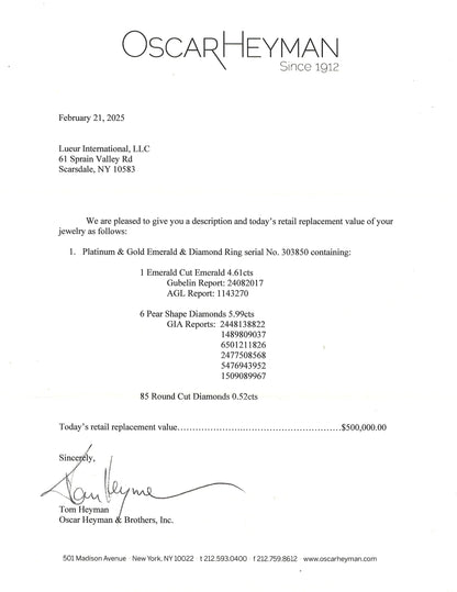 Oscar Heyman, Platinum 18K Gold 4.61ct Colombia no-oil Emerald Diamond Ring, Gubelin, AGL, GIA Oscar Heyman