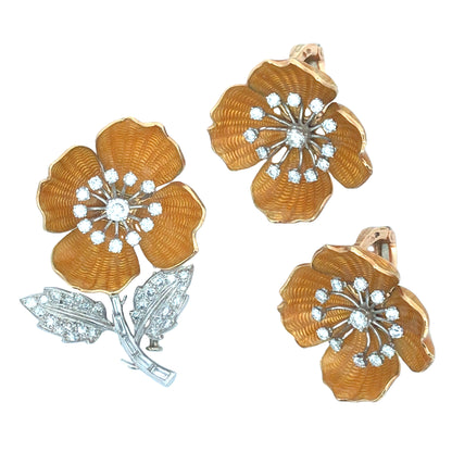 Boucheron, 18K Gold Enamel Diamond Flower Brooch and Earrings