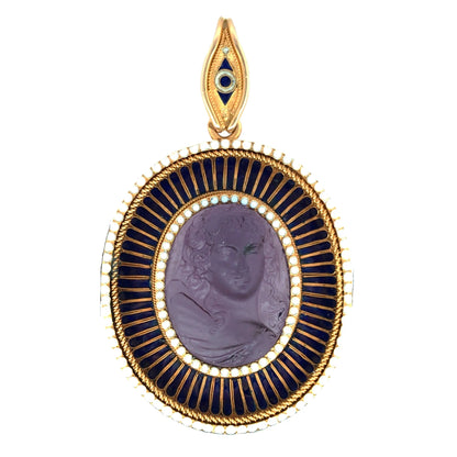 Antique Gold Enamel Amethyst Cameo Pendant Lueur Jewelry