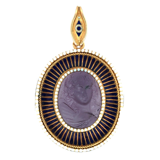Antique Gold Enamel Amethyst Cameo Pendant Lueur Jewelry