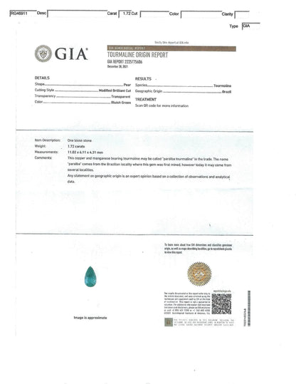14K Gold 1.72ct Paraiba Diamond Ring, GIA, AGL Lueur Jewelry