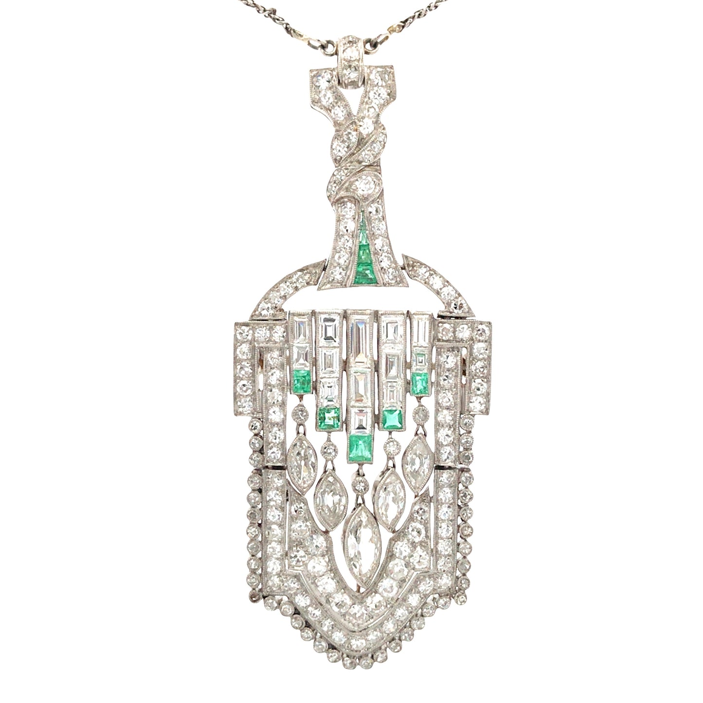Art Deco Platinum Diamond Emerald Pendant Necklace Lueur Jewelry