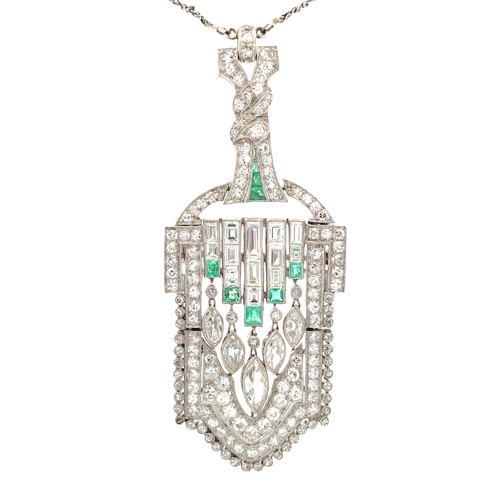 Art Deco Platinum Diamond Emerald Pendant Necklace Lueur Jewelry