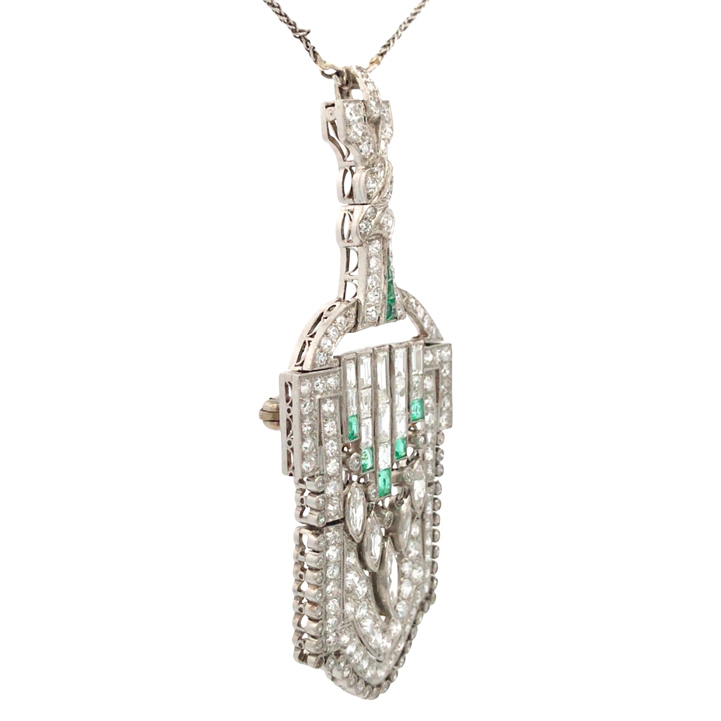 Art Deco Platinum Diamond Emerald Pendant Necklace Lueur Jewelry